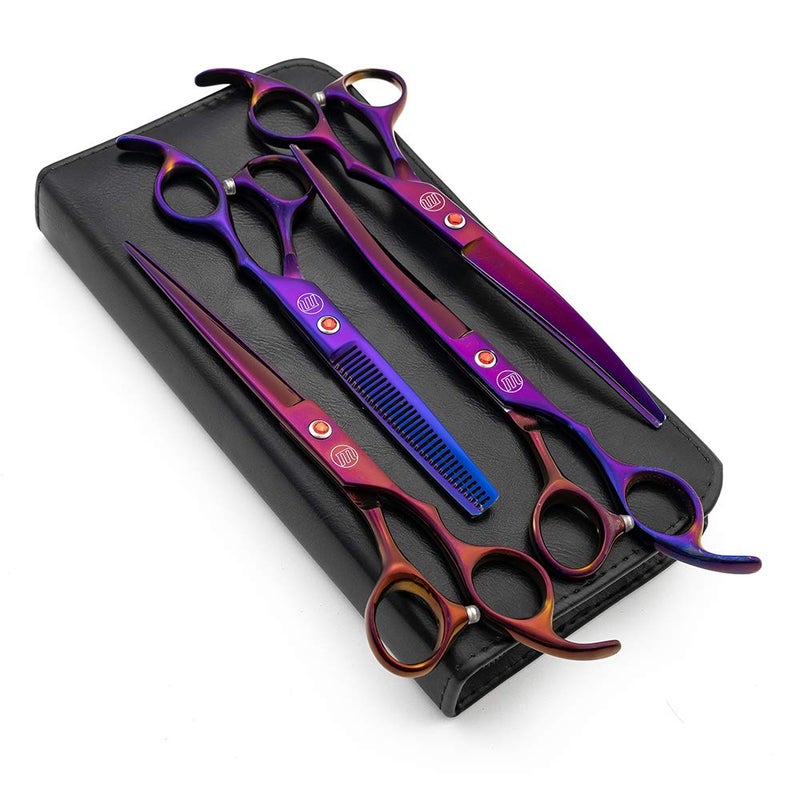 Moontay Professional 7.0" Dog Grooming Scissors Set, 4-pieces Straight, Upward Curved, Downward Curved, Thinning/Blending Shears for Dog, Cat and Pets, JP Stainless Steel, Purple - Image 1